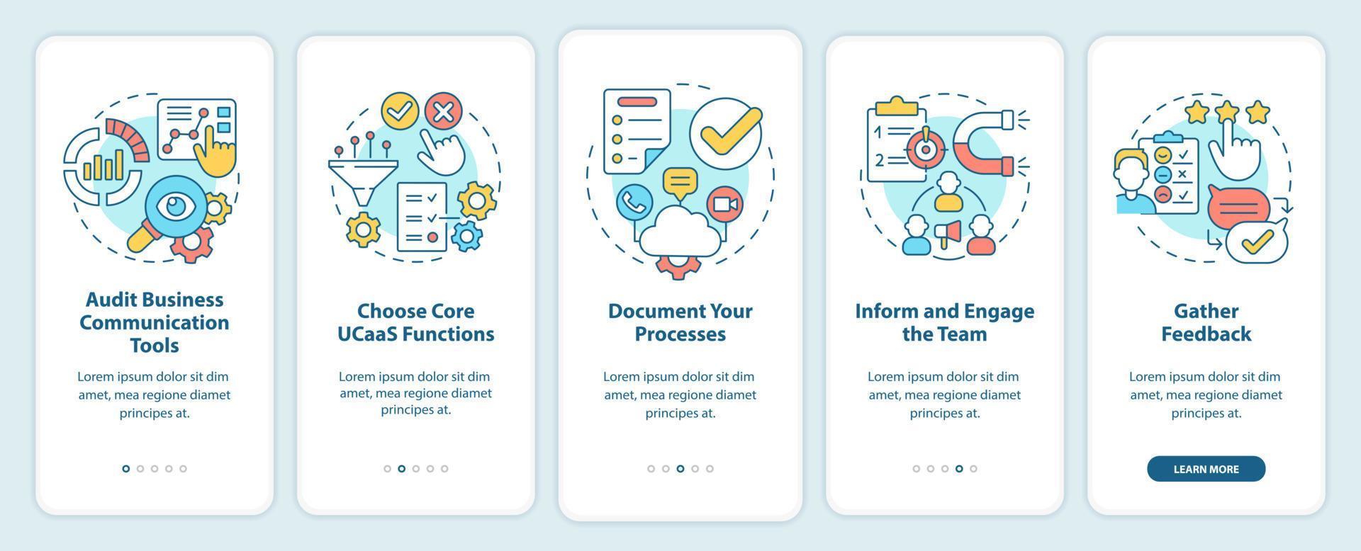 hoe u naar het scherm van de ucaas onboarding mobiele app kunt gaan. netwerk bouwen walkthrough 5 stappen grafische instructiepagina's met lineaire concepten. ui, ux, gui-sjabloon. talloze pro-bold, reguliere lettertypen gebruikt vector