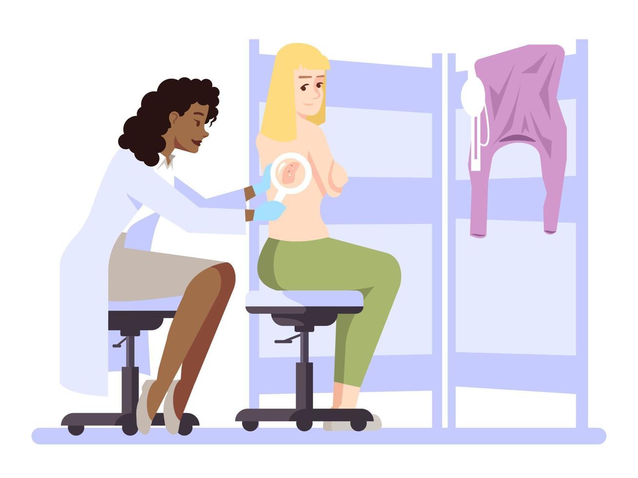 het uitvoeren van patiënt huidbeoordeling semi platte rgb kleur vectorillustratie. vrouwelijke dermatoloog geïsoleerde stripfiguren op een witte achtergrond vector