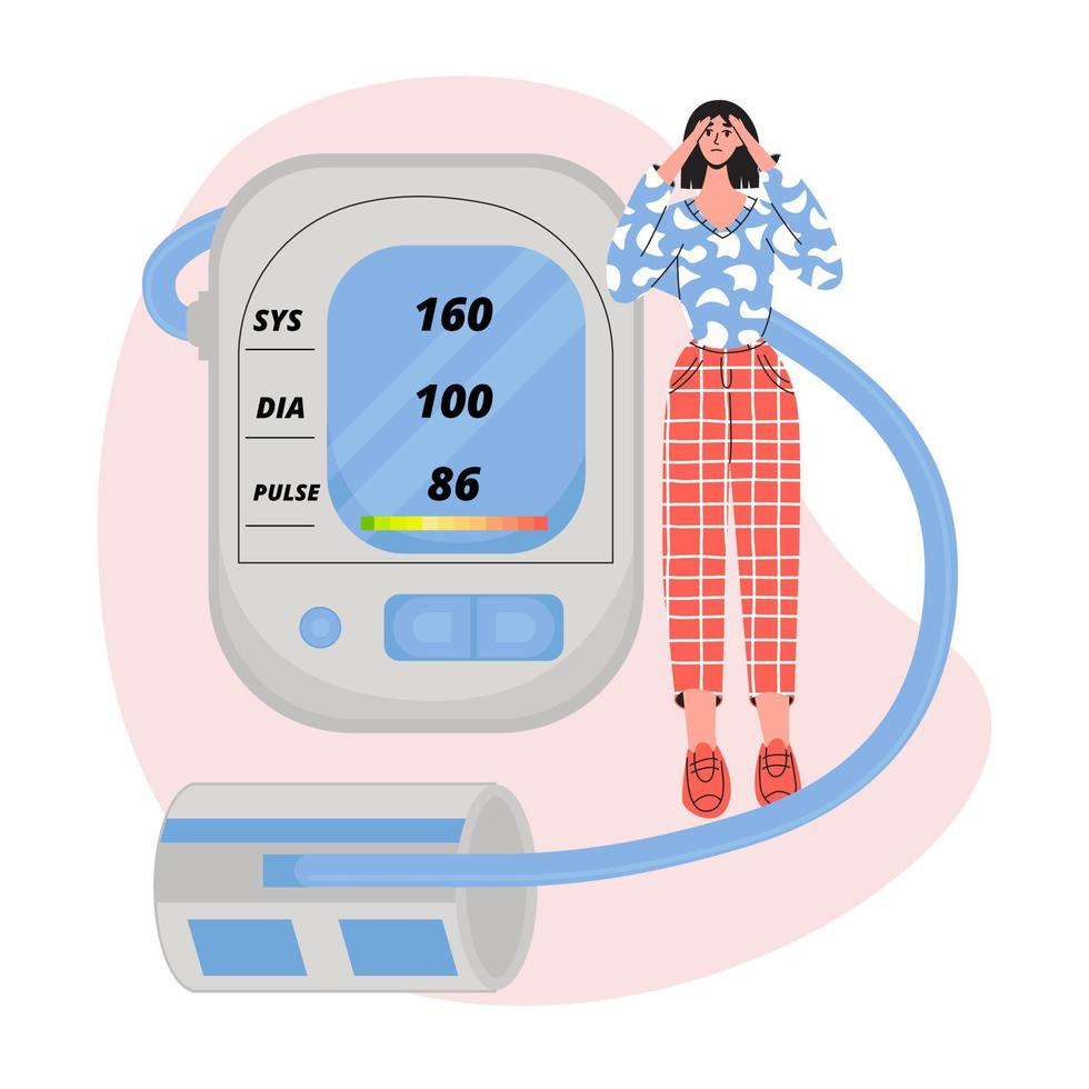 jonge vrouw meet bloeddruk met tonometer, meisje met hoge bloeddruk vector