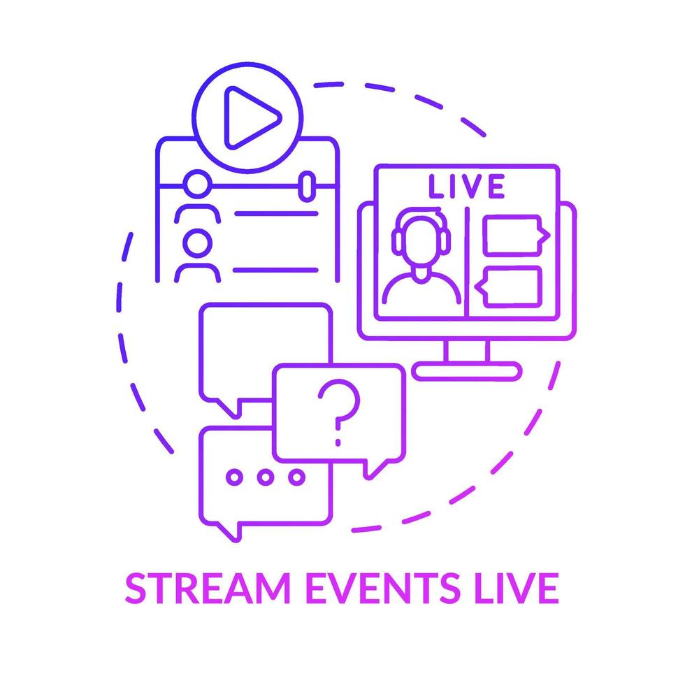 stream evenementen live paars verloop concept icoon. zakelijke klanten inzet abstracte idee dunne lijn illustratie. geïsoleerde overzichtstekening. roboto-medium, talloze pro-bold lettertypen gebruikt vector