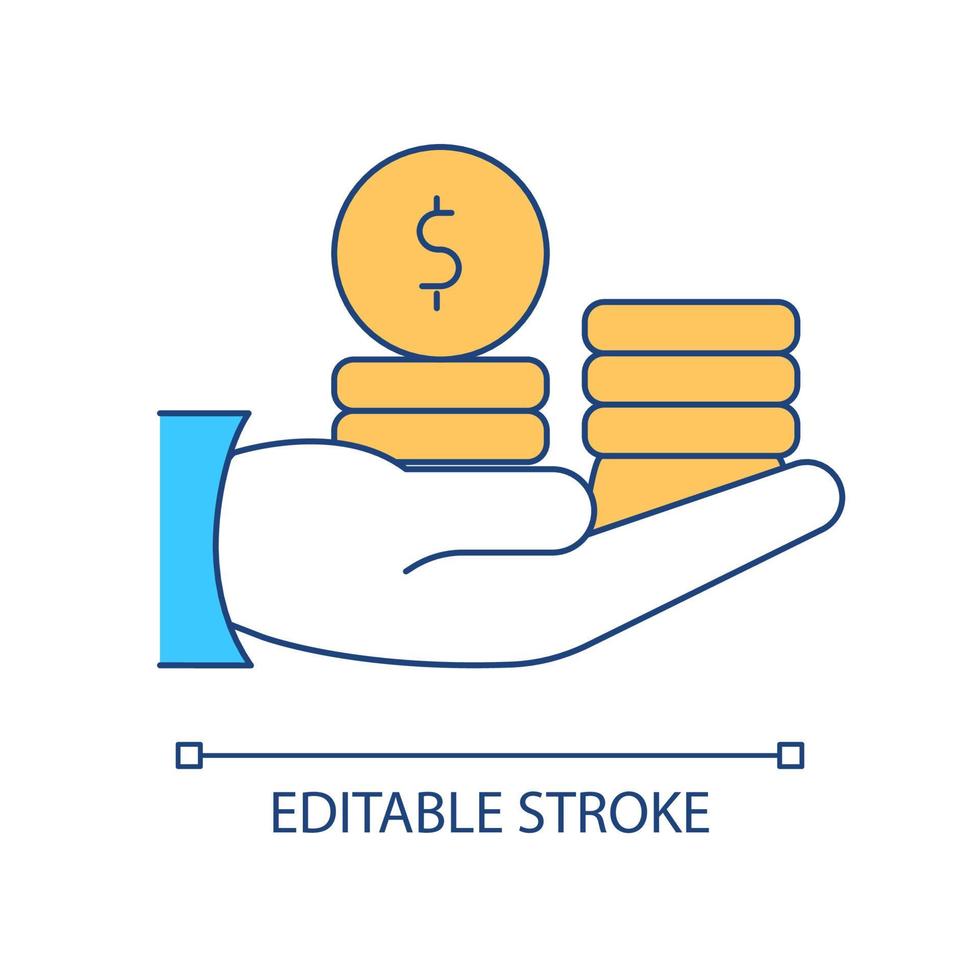 geld rgb kleur pictogram besparen. hand met munten. succesvolle investering. bank dienst. verdiensten en winst. geïsoleerde vectorillustratie. eenvoudige gevulde lijntekening. bewerkbare streek. arial lettertype gebruikt vector