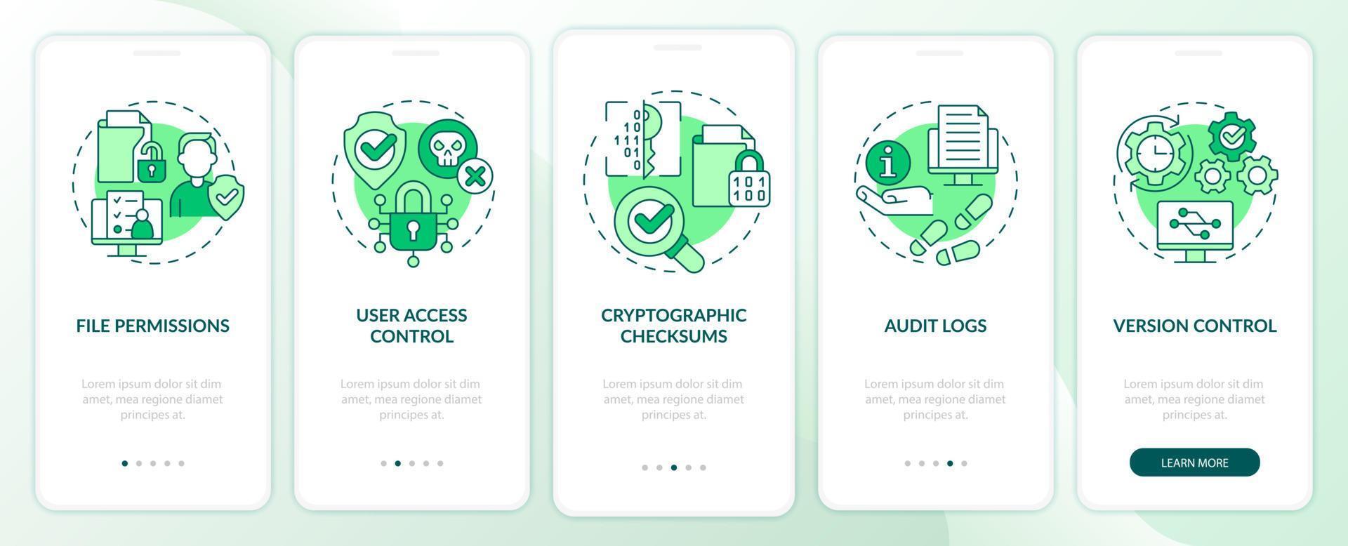 integriteit groen onboarding mobiele app-scherm. persoonlijke gegevens walkthrough 5 stappen grafische instructiepagina's met lineaire concepten. ui, ux, gui-sjabloon. talloze pro-bold, reguliere lettertypen gebruikt vector