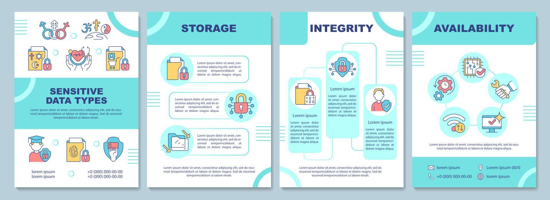 gevoelige gegevens voorbeelden mint brochure sjabloon. veilige identiteit. boekje afdrukontwerp met lineaire pictogrammen. vectorlay-outs voor presentatie, jaarverslagen, advertenties. arial-black, talloze pro-reguliere lettertypen gebruikt vector