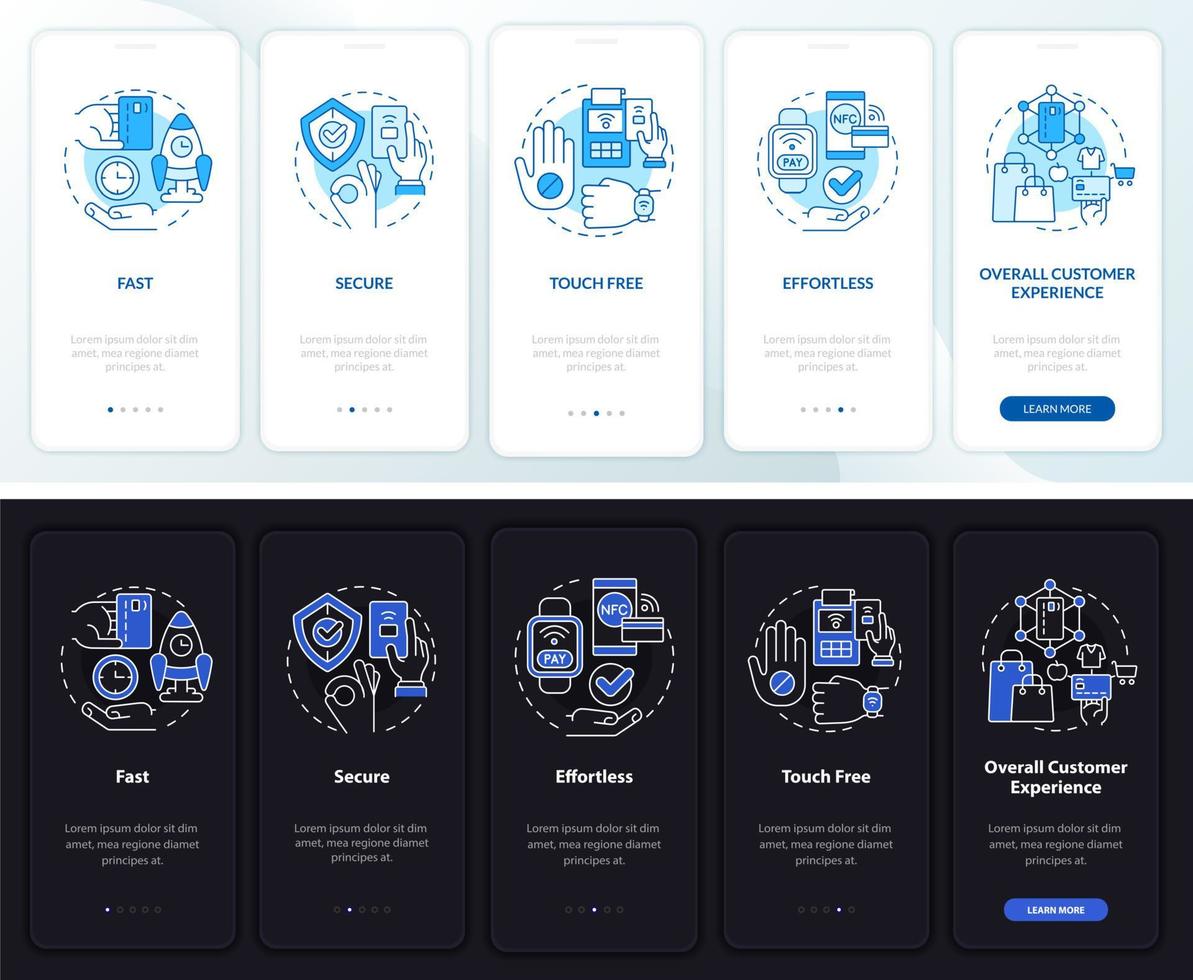 contactloos betalen nacht- en dagmodus onboarding mobiele app-scherm. service walkthrough 5 stappen grafische instructiepagina's met lineaire concepten. ui, ux, gui-sjabloon. talloze pro-bold, reguliere lettertypen gebruikt vector