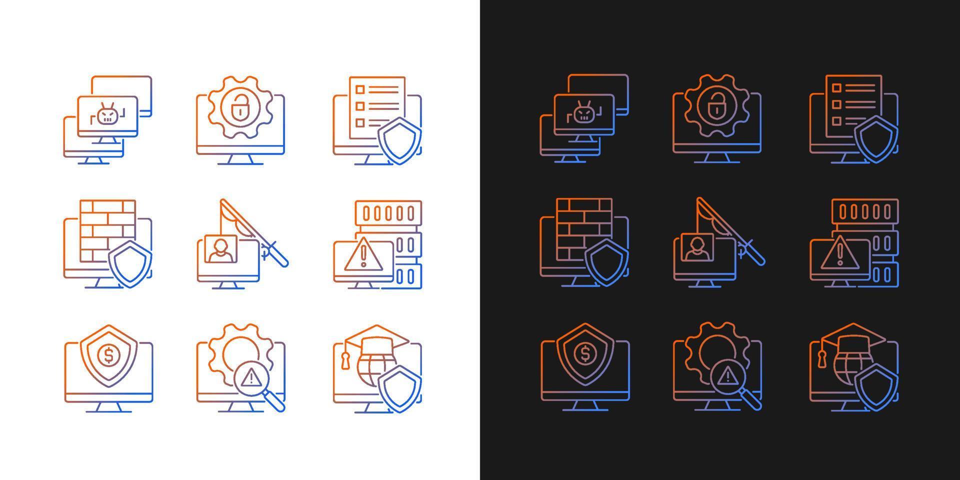 cybercriminaliteit en de preventieverlooppictogrammen die zijn ingesteld voor de donkere en lichte modus. phishing en dos-aanvallen. dunne lijn contour symbolen bundel. geïsoleerde vector overzicht illustraties collectie op zwart-wit