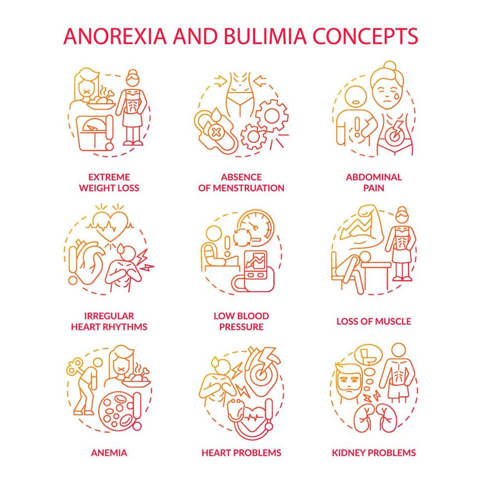 anorexia en boulimia rode gradiënt concept pictogrammen instellen. mentale en fysieke gezondheidsproblemen idee dunne lijn kleurenillustraties. geïsoleerde overzichtstekeningen. roboto-medium, talloze pro-bold lettertypen gebruikt vector