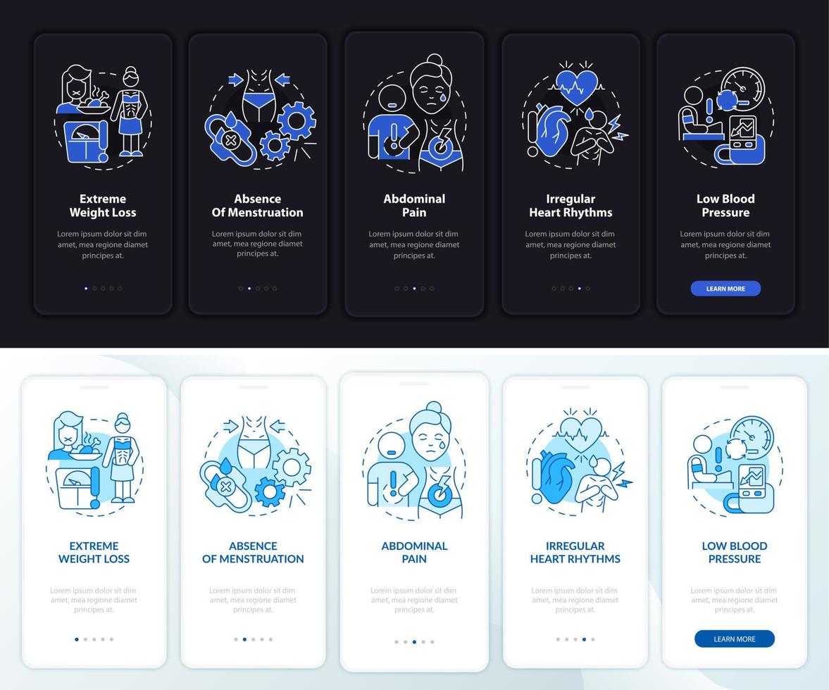 anorexia symptomen nacht- en dagmodus onboarding mobiele app-scherm. walkthrough 5 stappen grafische instructiepagina's met lineaire concepten. ui, ux, gui-sjabloon. talloze pro-bold, reguliere lettertypen gebruikt vector