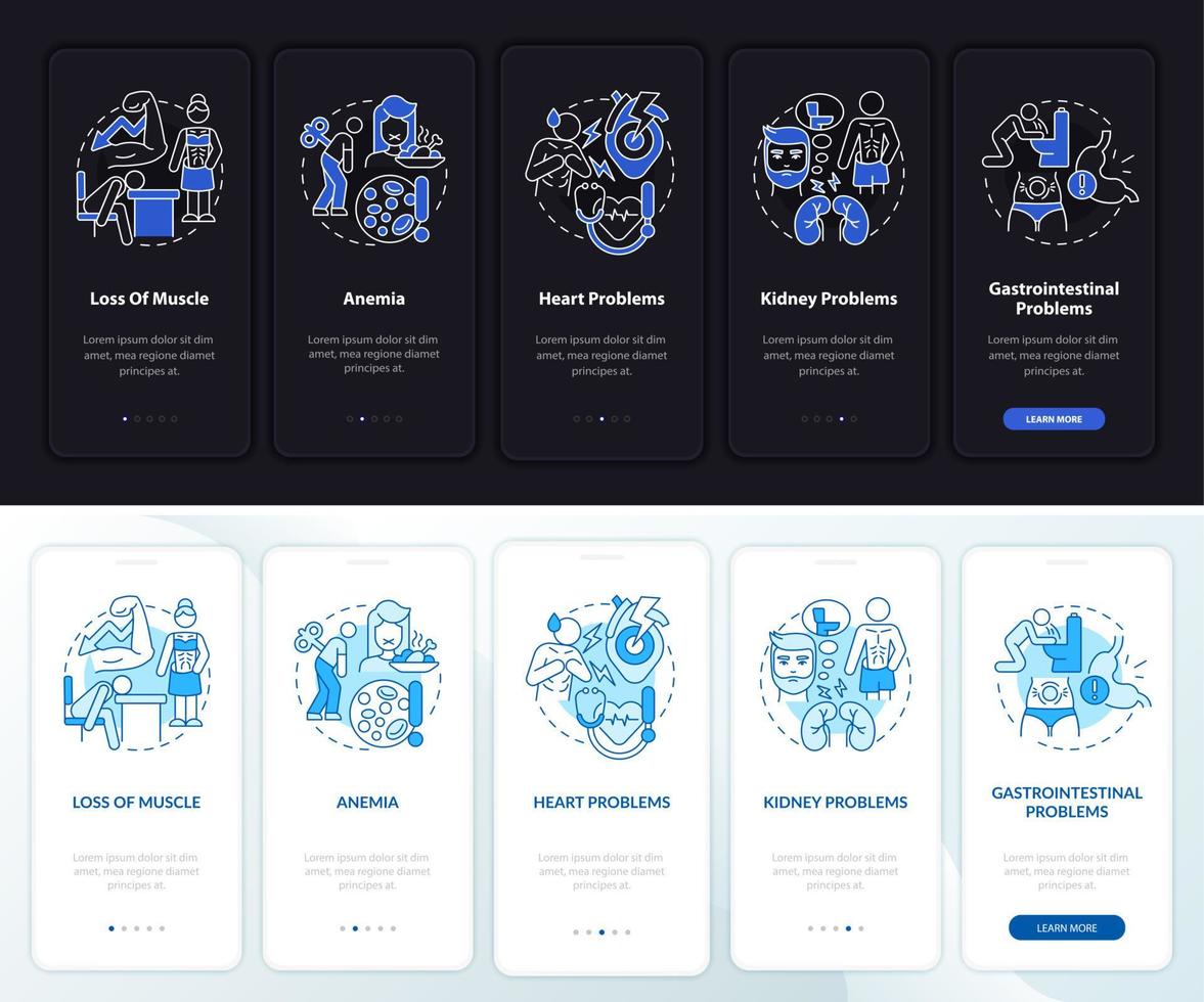 anorexia-complicaties nacht- en dagmodus onboarding mobiele app-scherm. walkthrough 5 stappen grafische instructiepagina's met lineaire concepten. ui, ux, gui-sjabloon. talloze pro-bold, reguliere lettertypen gebruikt vector