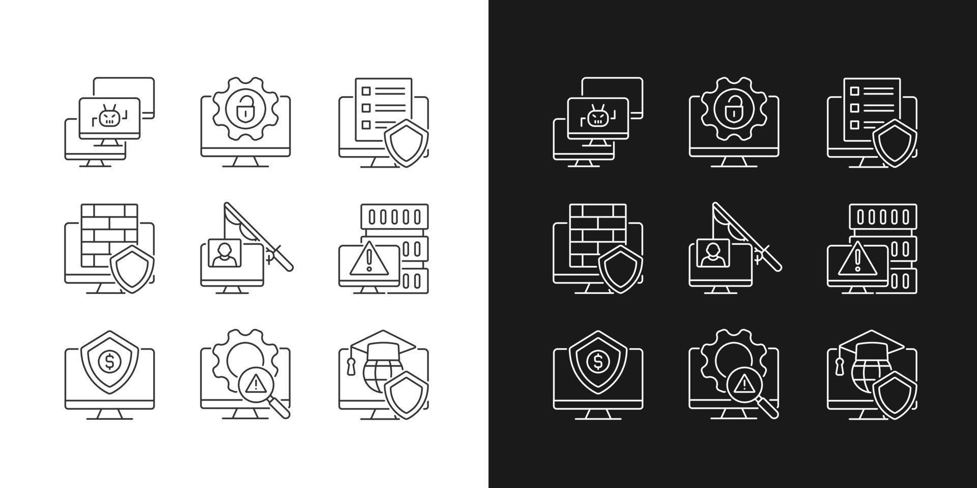 cybercriminaliteit en de preventie ervan lineaire pictogrammen ingesteld voor donkere en lichte modus. phishing en dos-aanvallen. aanpasbare dunne lijn symbolen. geïsoleerde vectoroverzichtsillustraties. bewerkbare streek vector