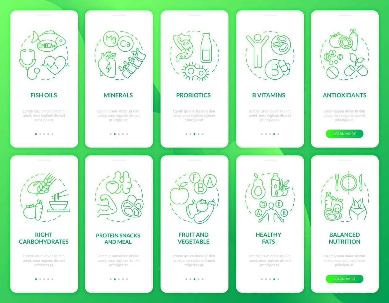 fitness voeding groene gradiënt onboarding mobiele app-schermset. life walkthrough 5 stappen grafische instructiepagina's met lineaire concepten. ui, ux, gui-sjabloon. talloze pro-bold, reguliere lettertypen gebruikt vector