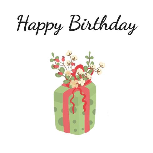 Een geschenkdoos versierd met een bloemstuk met inscriptie Happy Birthday. vector