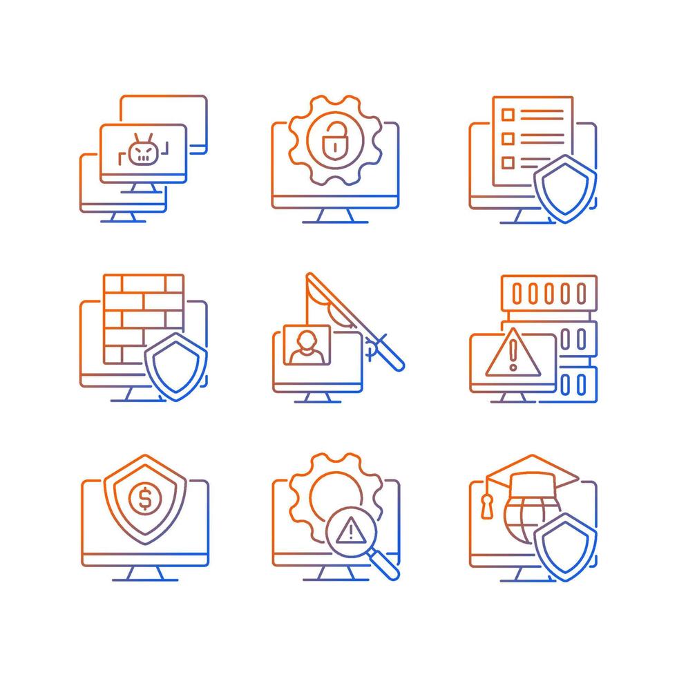 cybercriminaliteit en de preventie gradiënt lineaire vector iconen set. phishing en dos-aanvallen. cybersecurity methods.thin lijn contour symbolen bundel. geïsoleerde overzicht illustraties collectie