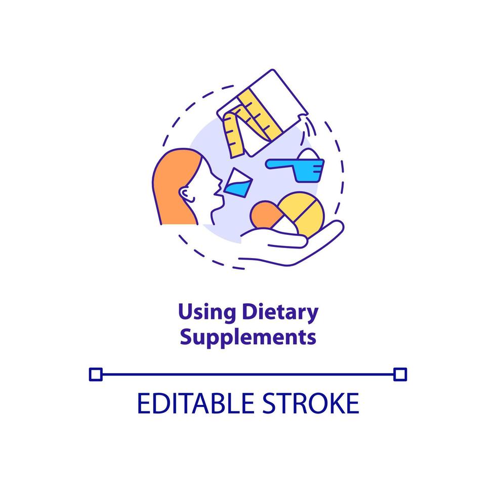 met behulp van voedingssupplementen concept icoon. vitamine pil. afslanken additief voor levensmiddelen abstracte idee dunne lijn illustratie. geïsoleerde overzichtstekening. bewerkbare streek. roboto-medium, talloze pro-bold lettertypen gebruikt vector