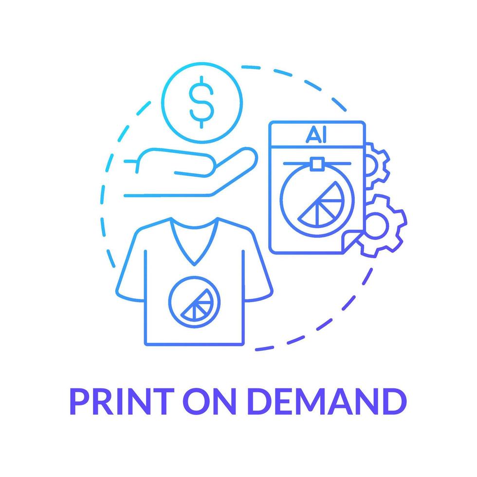 print on demand blauw kleurverloop concept icoon. manier om online geld te verdienen abstracte idee dunne lijn illustratie. bedrijfsproces. e-commercemodel. print technologie. vector geïsoleerde omtrek kleur tekening