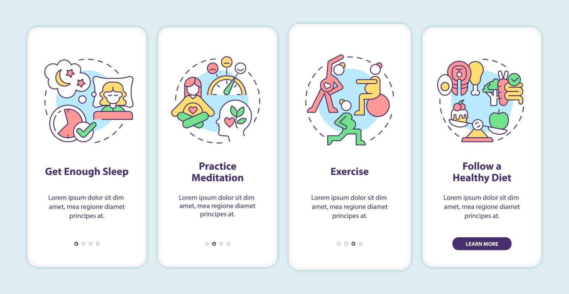 geestelijke gezondheid tijdens zwangerschap onboarding mobiele app paginascherm. krijg voldoende slaap walkthrough 4 stappen grafische instructies met concepten. ui, ux, gui vectorsjabloon met lineaire kleurenillustraties vector