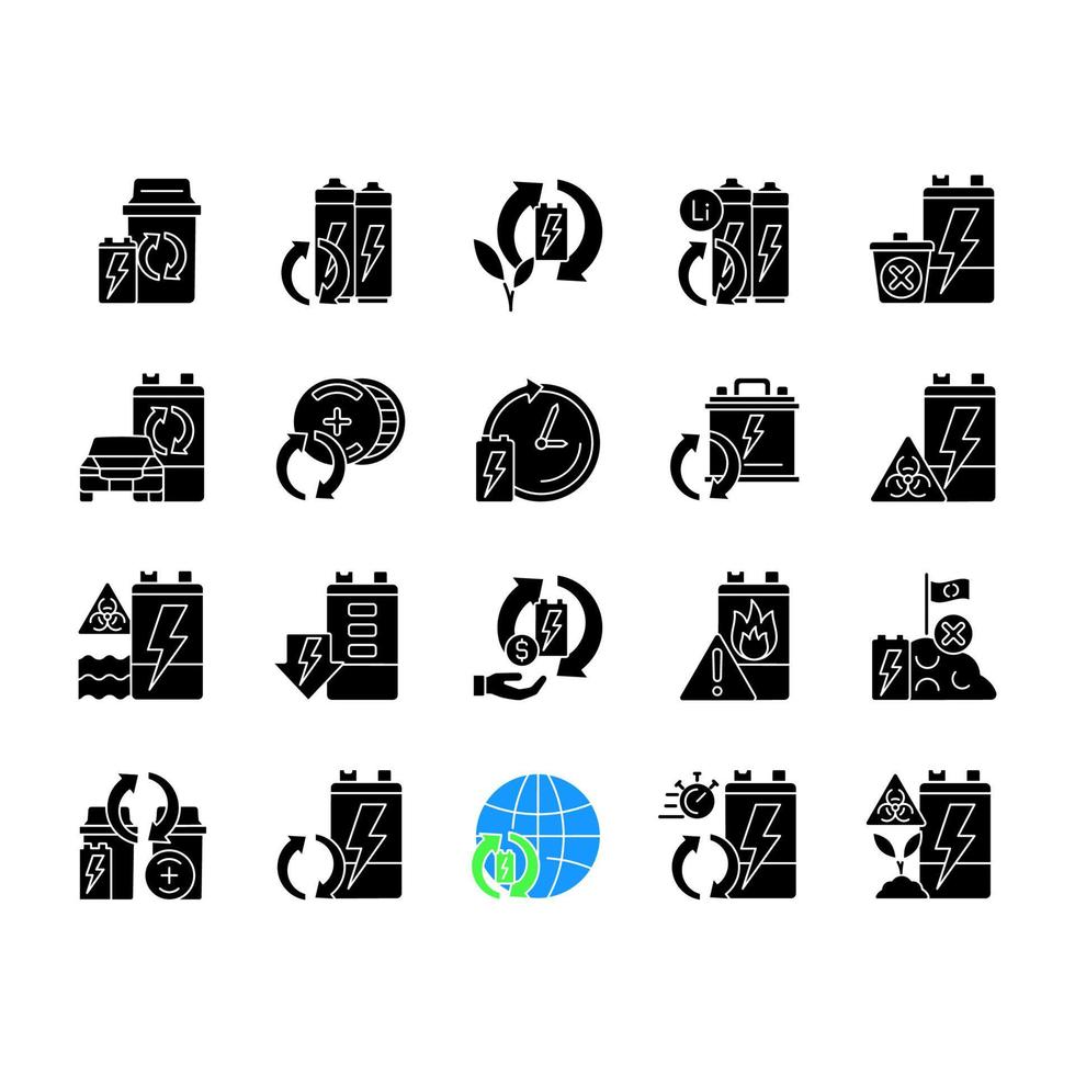 batterij recycling zwarte glyph pictogrammen instellen op witruimte. ontladen accu hergebruiken. terugwinning van elektronisch afval. milieu zorg. ecologische activiteit. silhouet symbolen. vector geïsoleerde illustratie