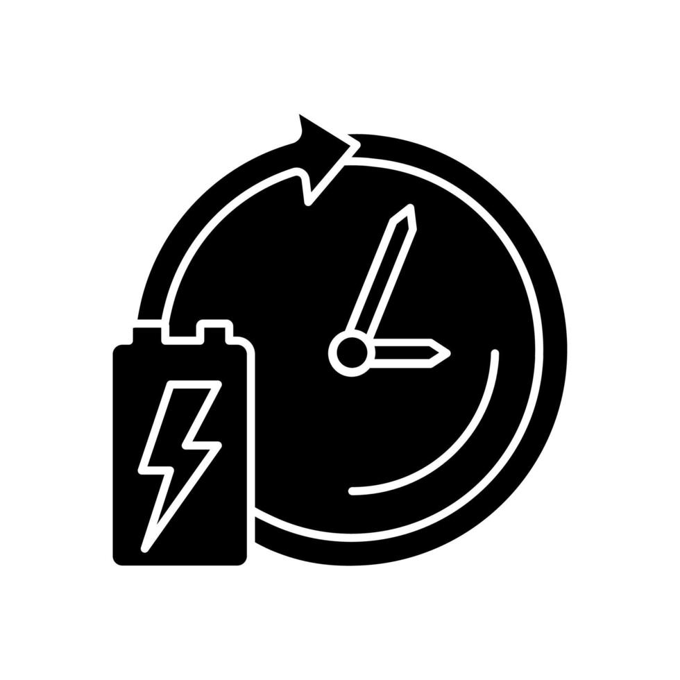 batterijduur zwart glyph-pictogram. levensduur en duurzaamheid van de accu. energiecel werkperiode. aantal laad- en ontlaadcycli. silhouet symbool op witte ruimte. vector geïsoleerde illustratie