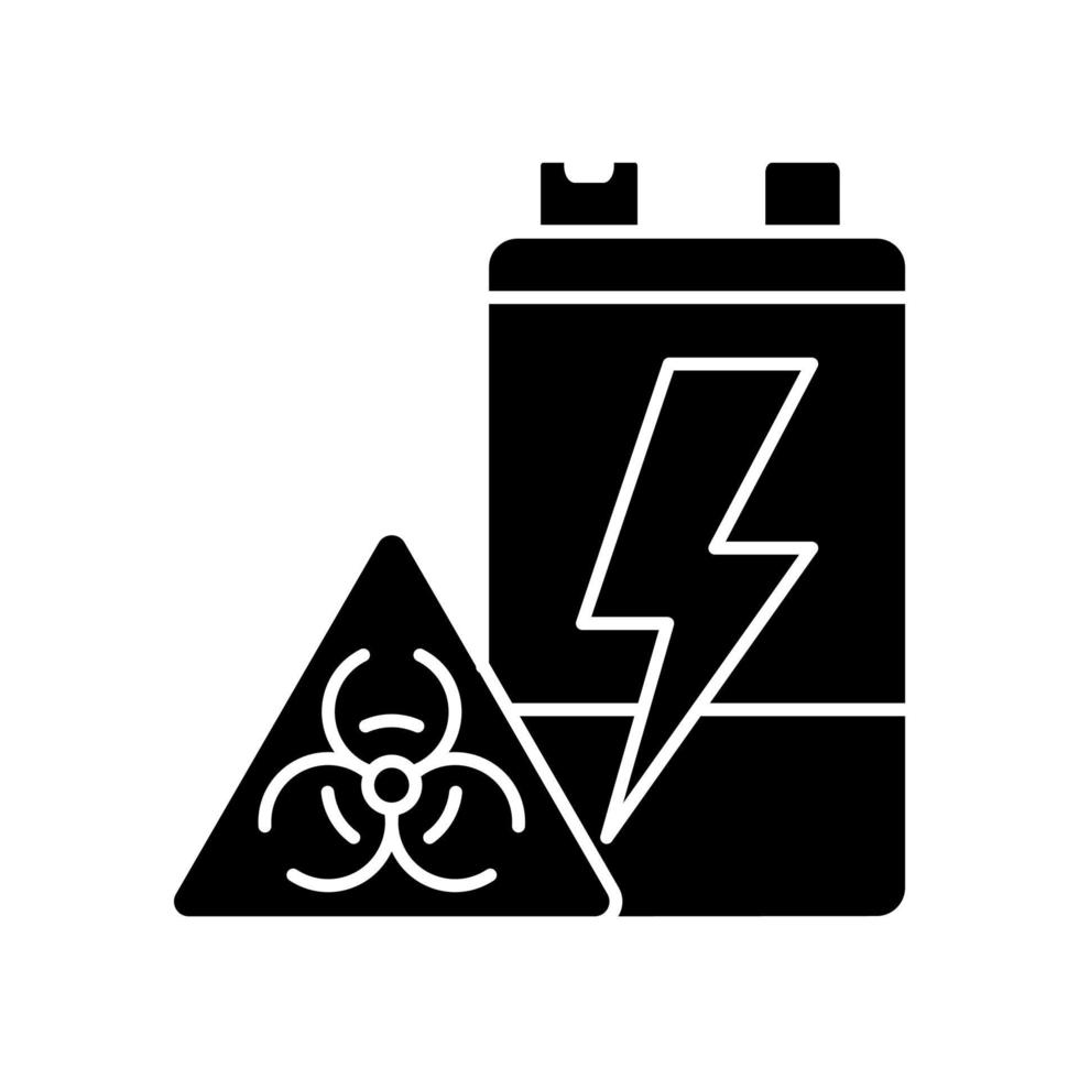 batterijtoxiciteit zwart glyph-pictogram. bodem- en grondwaterverontreiniging. vervuiling van het milieu. accumulator gevaarlijke chemicaliën lekken. silhouet symbool op witte ruimte. vector geïsoleerde illustratie