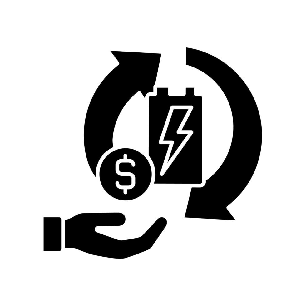 recycling van batterijen voor geld zwart glyph-pictogram. verkoop oude accu voor winst. geld verdienen aan recyclingactiviteiten. circulaire economie. silhouet symbool op witte ruimte. vector geïsoleerde illustratie