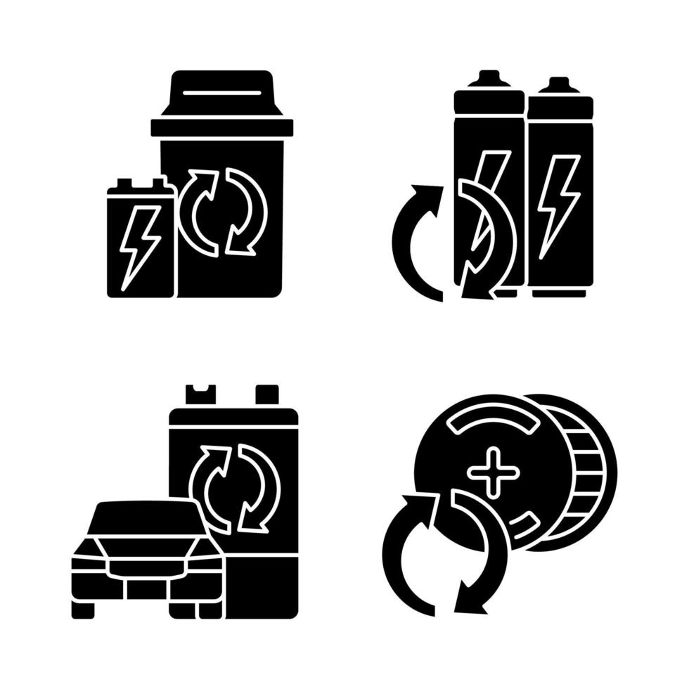 recyclebare batterijtypes zwarte glyph-pictogrammen ingesteld op witruimte. recycling van lithium-ionbatterijen. hergebruik van accu's voor elektrische voertuigen. afvalcontainer. silhouet symbolen. vector geïsoleerde illustratie