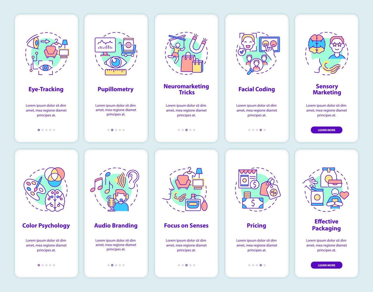 neuromarketing onboarding mobiele app paginascherm. psychologische marketingtrucs walkthrough 5 stappen grafische instructies met concepten. ui, ux, gui vectorsjabloon met lineaire kleurenillustraties vector