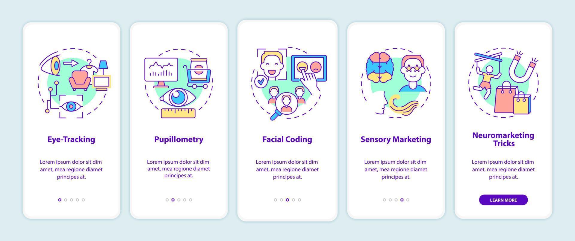 neuromarketingtechnieken onboarding van het paginascherm van de mobiele app. eye-tracking walkthrough 5 stappen grafische instructies met concepten. ui, ux, gui vectorsjabloon met lineaire kleurenillustraties vector