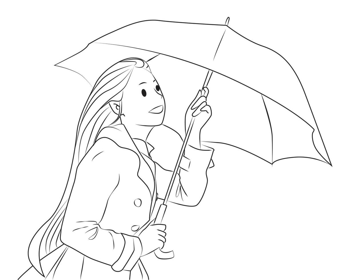 meisje gebruik paraplu lijn vectorillustratie vector