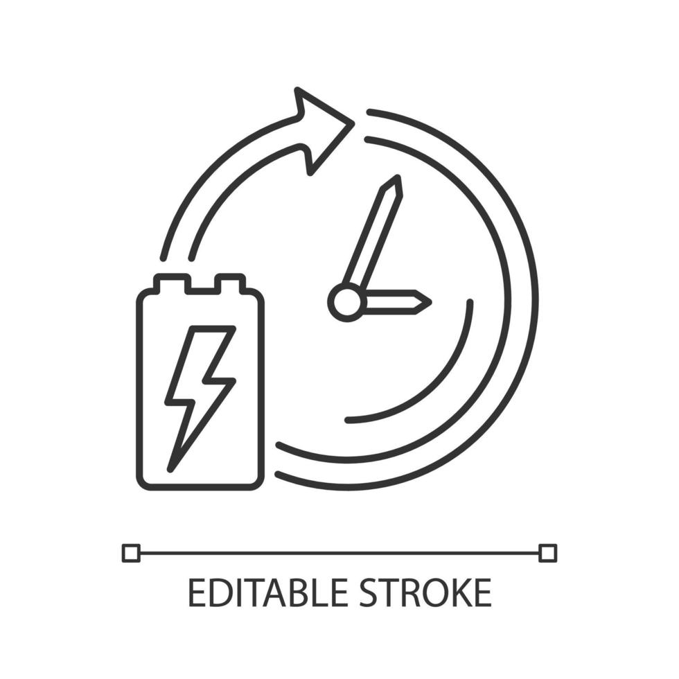 lineaire batterijpictogram. levensduur en duurzaamheid van de accu. energiecel werkperiode. dunne lijn aanpasbare illustratie. contour symbool. vector geïsoleerde overzichtstekening. bewerkbare streek