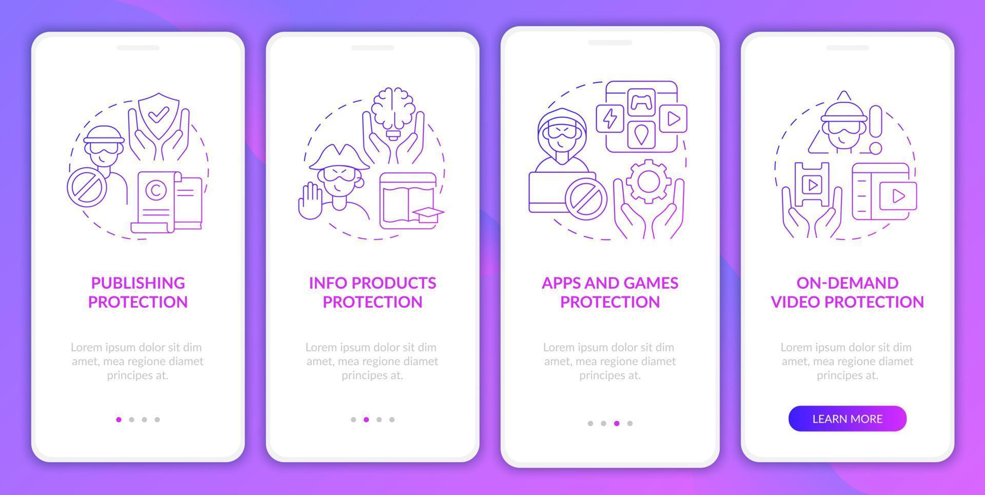 auteursrechten bescherming onboarding mobiele app paginascherm. on-demand video walkthrough 4 stappen grafische instructies met concepten. ui, ux, gui vectorsjabloon met lineaire kleurenillustraties vector
