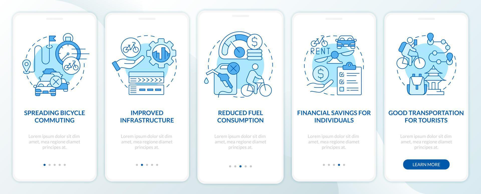 voordelen voor het delen van fietsen onboarding van het paginascherm van de mobiele app. verbeterde infrastructuur walkthrough 5 stappen grafische instructies met concepten. ui, ux, gui vectorsjabloon met lineaire kleurenillustraties vector