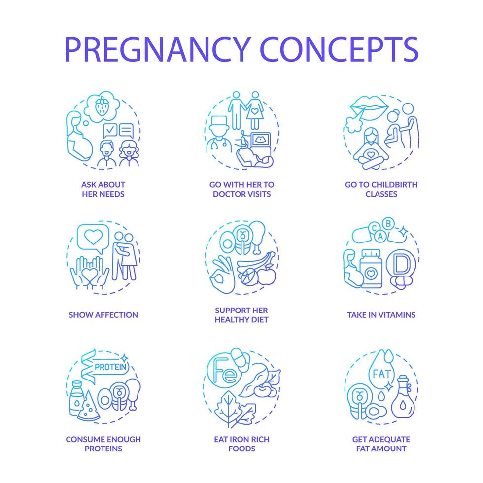 zwangerschap blauwe kleurovergang concept iconen set. aanstaande moeder heeft idee dunne lijnkleurenillustraties nodig. voldoende eiwitten consumeren. genegenheid tonen. eet ijzerrijk voedsel. vector geïsoleerde overzichtstekeningen