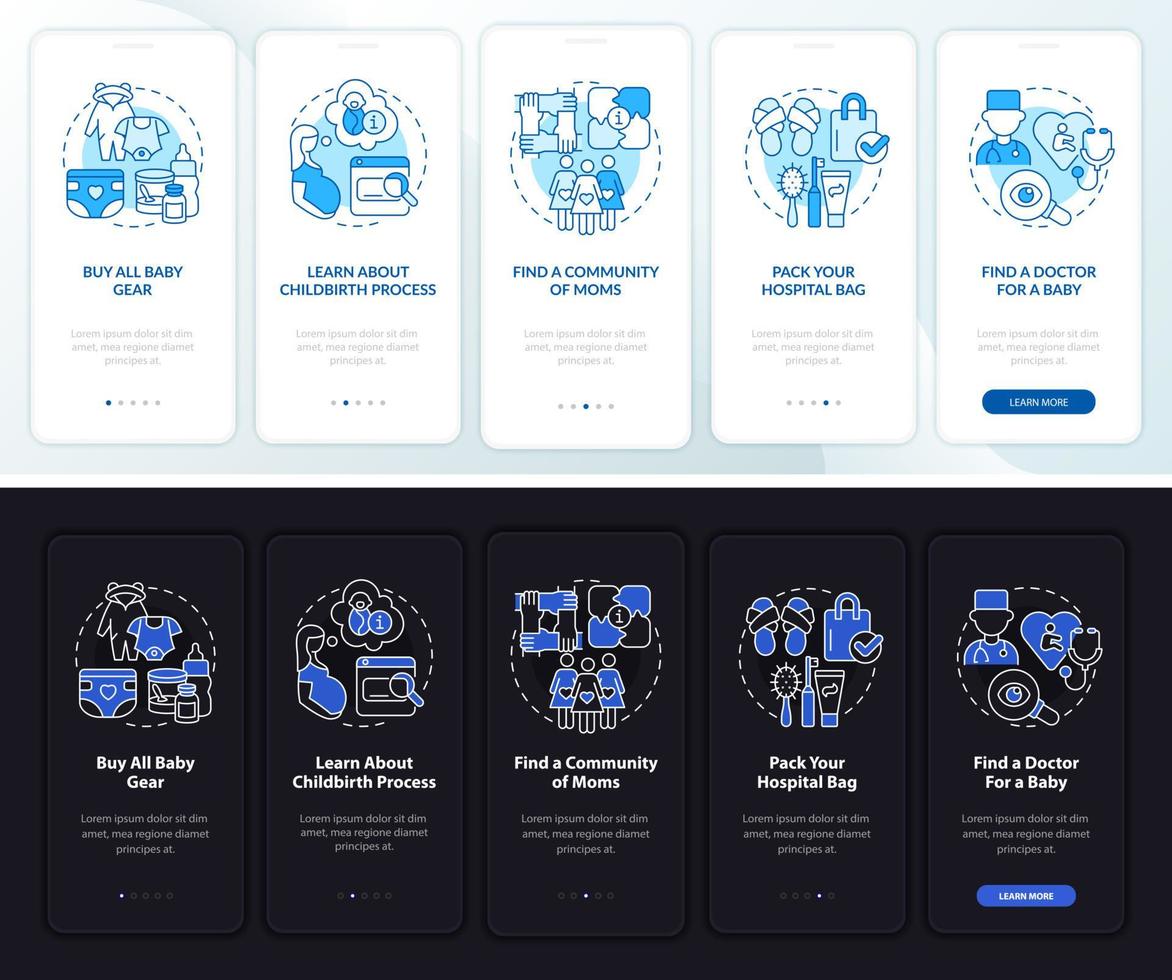 verwacht baby onboarding mobiele app paginascherm. koop alle babyspullen walkthrough 5 stappen grafische instructies met concepten. ui, ux, gui vectorsjabloon met lineaire nacht- en dagmodusillustraties vector