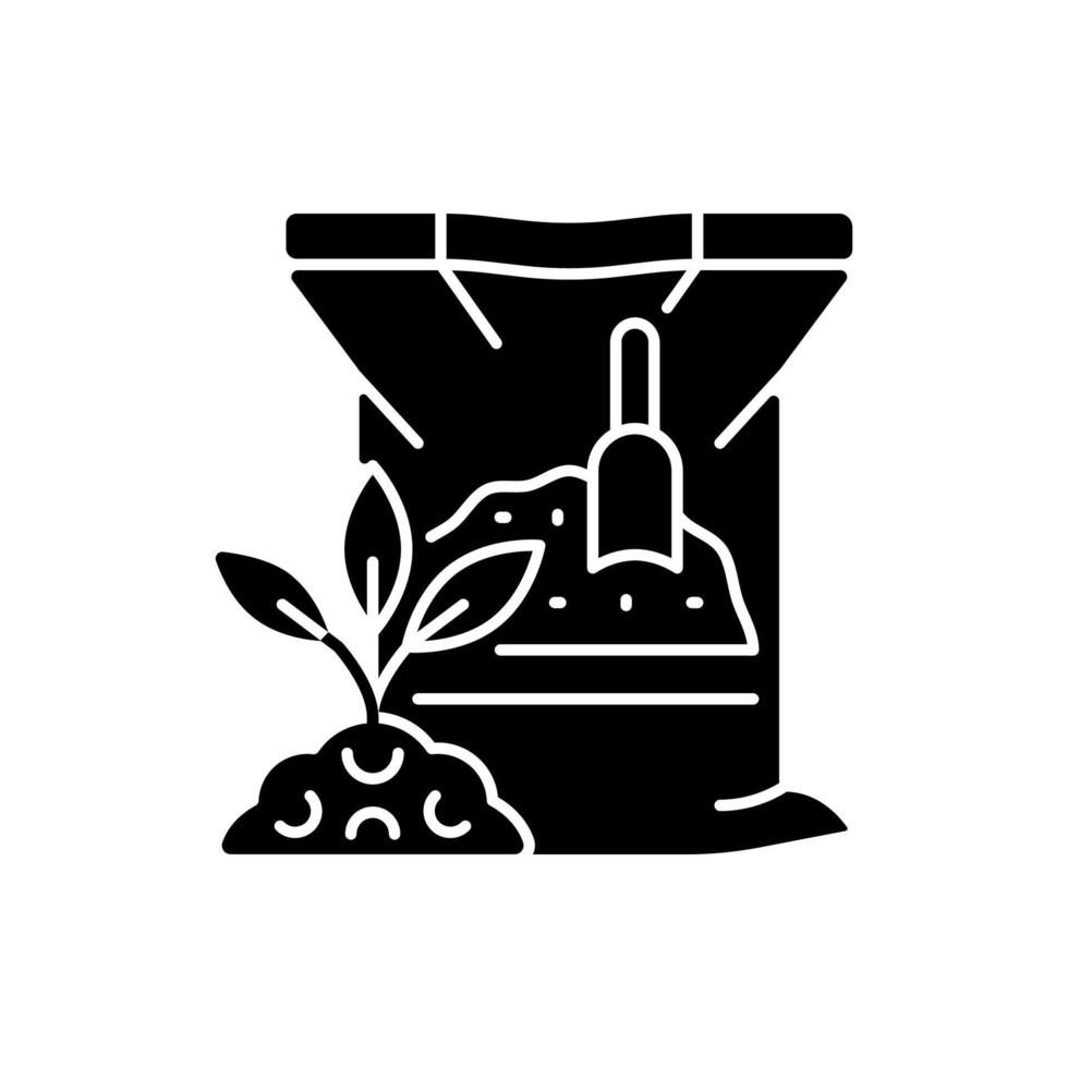 droge meststof zwarte glyph-pictogram. mengsel van supplementen voor planten en gewassen. chemische en organische voedingsstoffen. groei toeneemt. silhouet symbool op witte ruimte. vector geïsoleerde illustratie