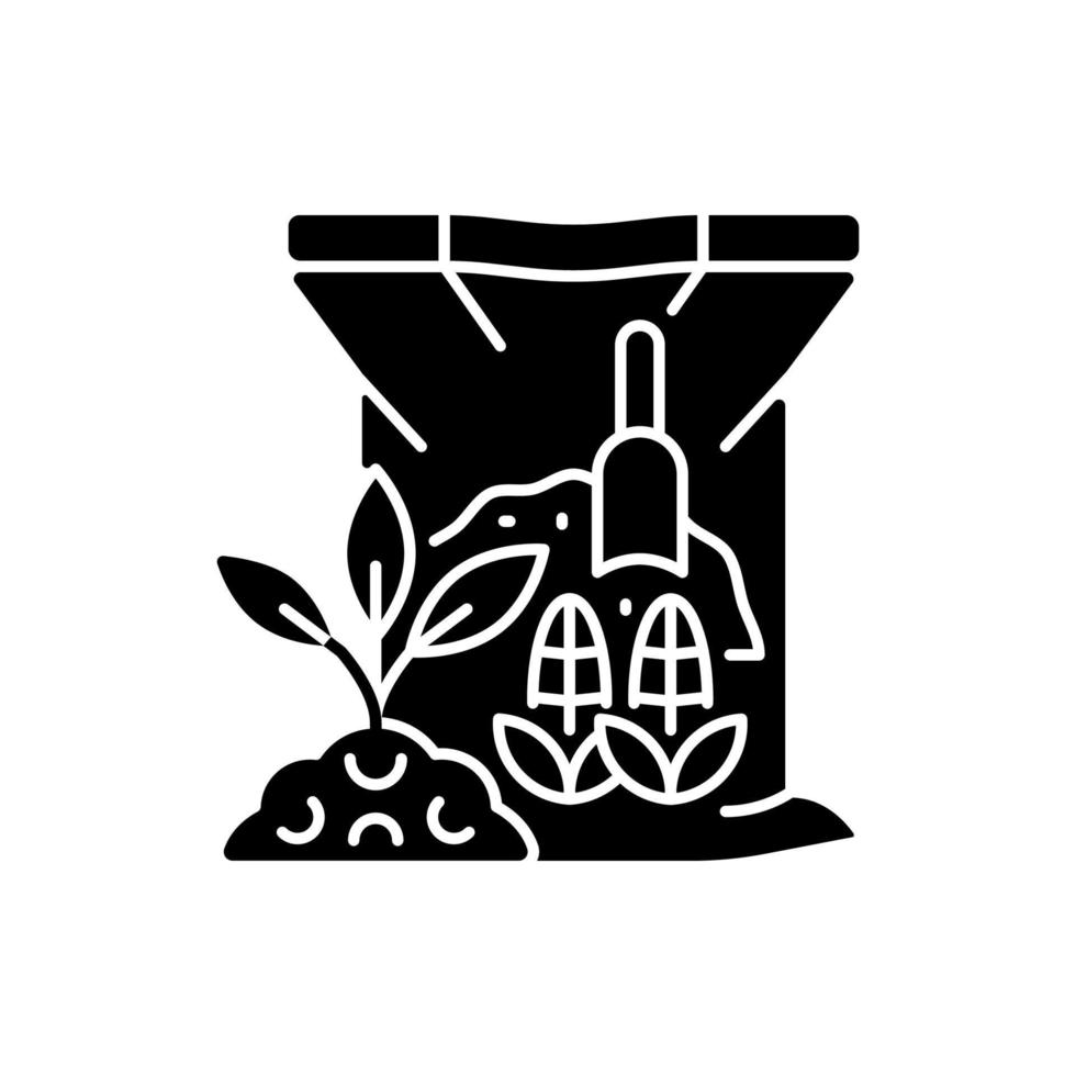 maïsgluten maaltijd zwart glyph icoon. organische bodem en planten supplement. bijproduct van maïs dat als plantenvoeding wordt gebruikt. natuurlijke toevoeging. silhouet symbool op witte ruimte. vector geïsoleerde illustratie