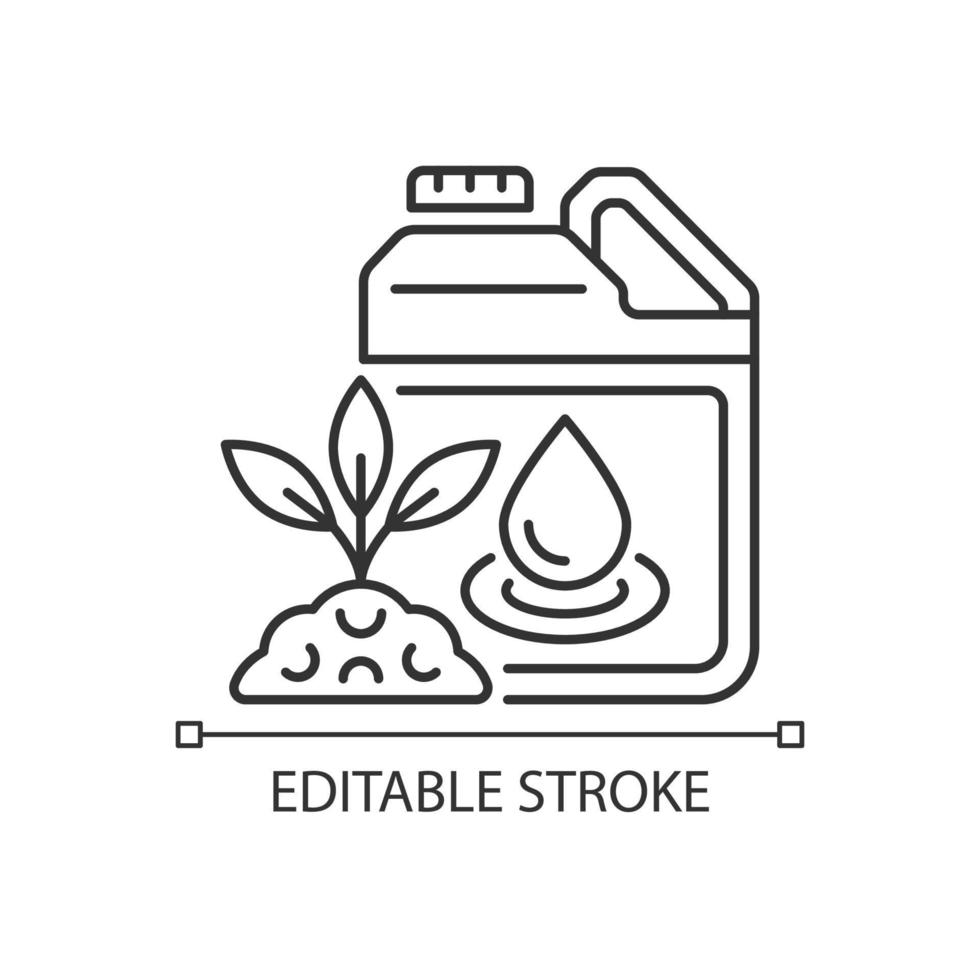 vloeibare meststof lineaire pictogram. vloeibaar mengsel van supplementen. gieten, sproeien. planten aanvulling. dunne lijn aanpasbare illustratie. contour symbool. vector geïsoleerde overzichtstekening. bewerkbare streek