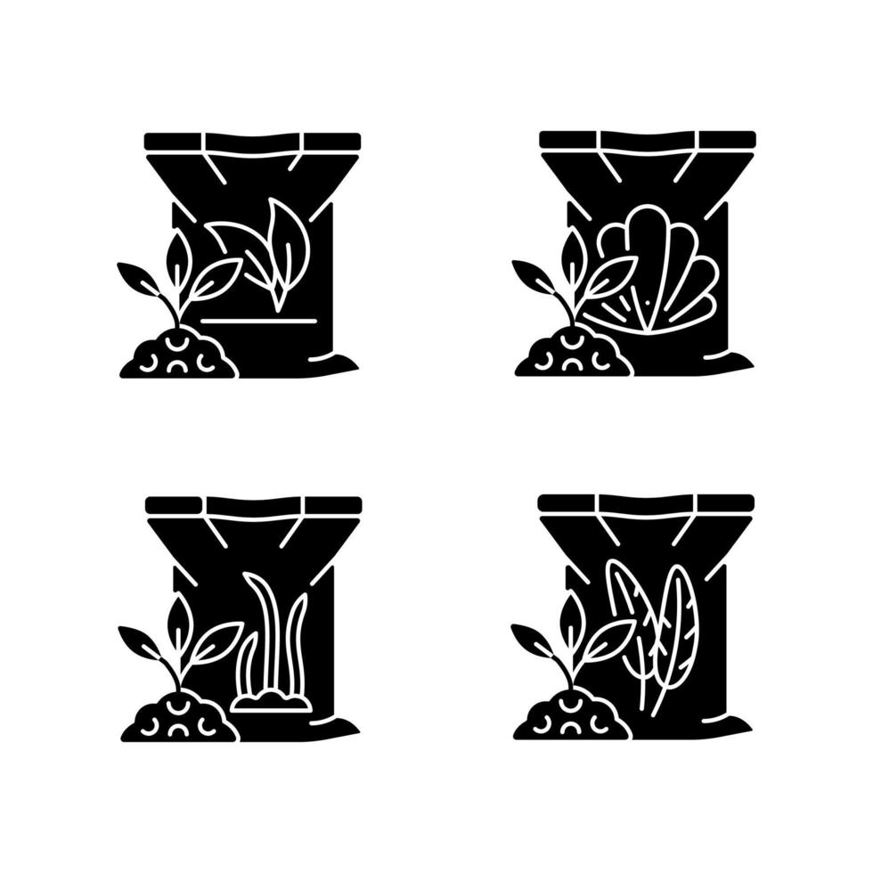natuurlijke plant maaltijd zwarte glyph pictogrammen instellen op witruimte. schelp en veren poeder. bijproduct dat als additief wordt gebruikt. plantengroei booster. silhouet symbolen. vector geïsoleerde illustratie