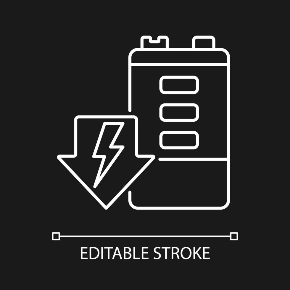 batterij die wit lineair pictogram ontlaadt voor donker thema. zelfontlading. energie aftappen. dunne lijn aanpasbare illustratie. geïsoleerd vectorcontoursymbool voor nachtmodus. bewerkbare streek vector