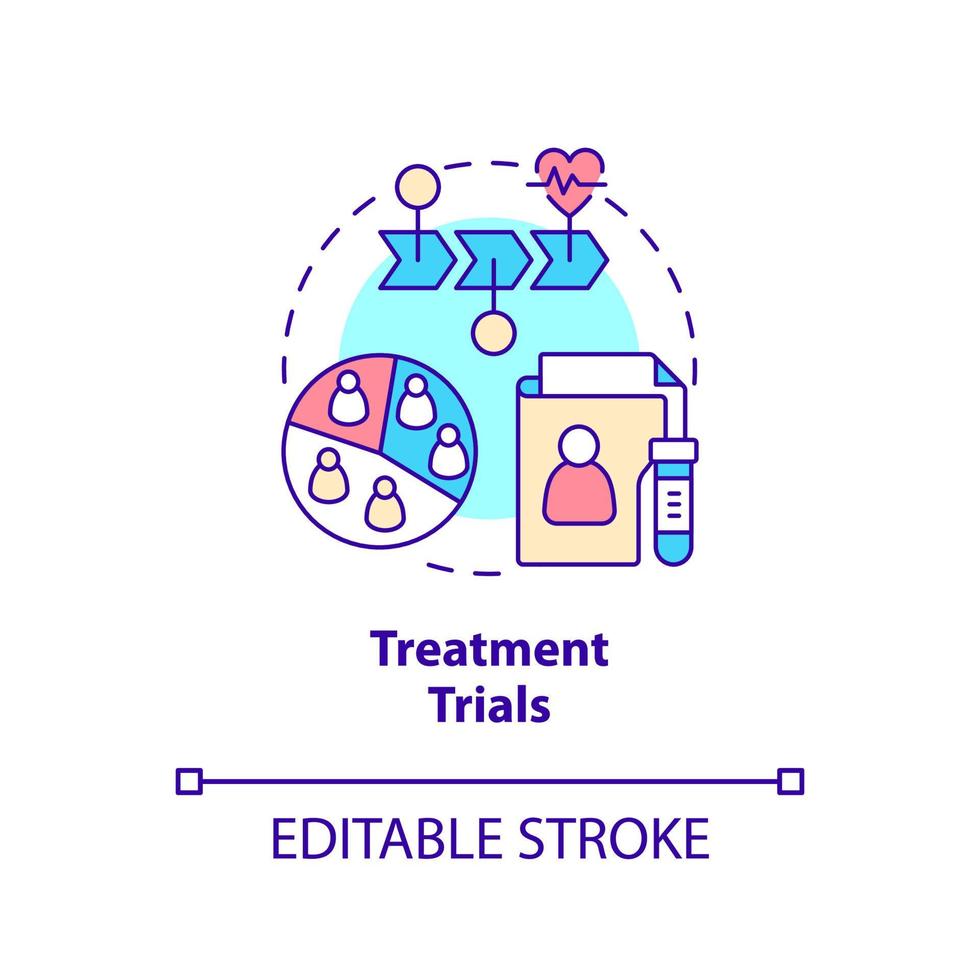 behandeling proeven concept icoon. medisch onderzoek. type klinische studies abstracte idee dunne lijn illustratie. geïsoleerde overzichtstekening. bewerkbare streek. arial, talloze pro-bold lettertypen gebruikt vector