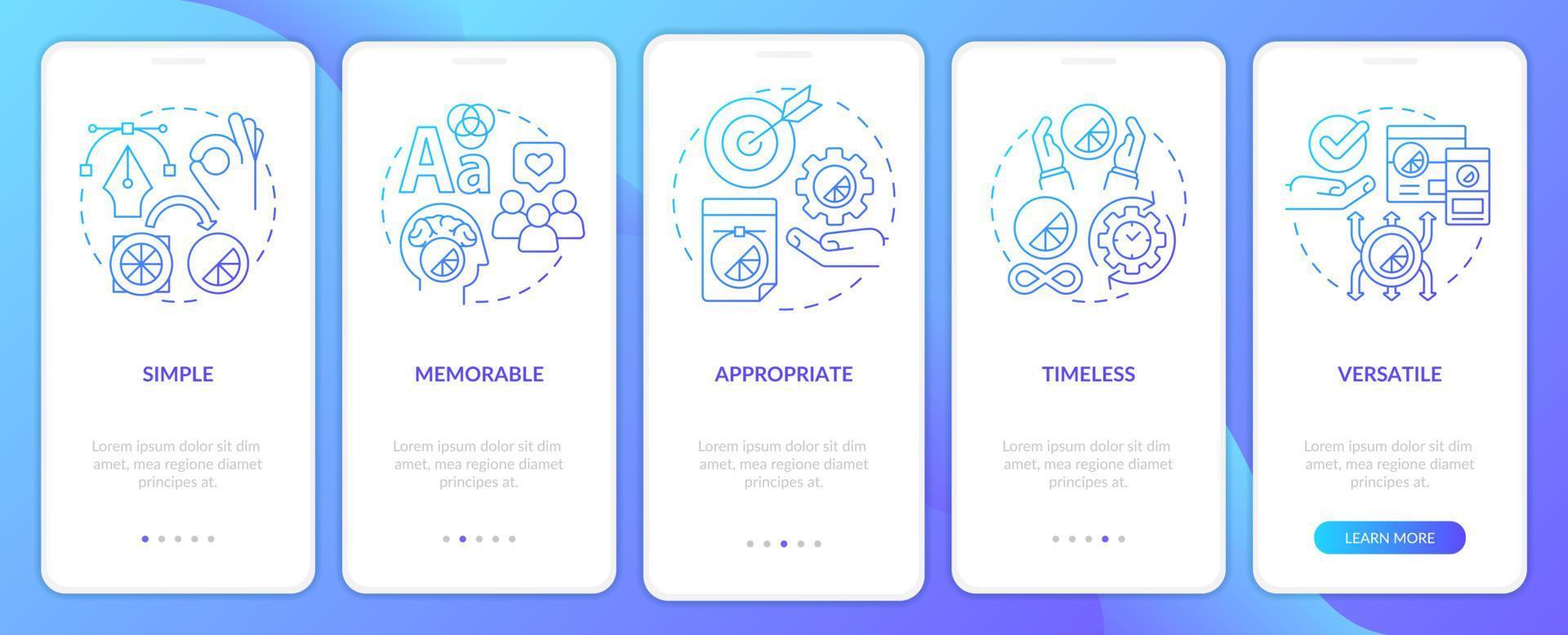 logo-ontwerpkenmerken blauw kleurverloop onboarding mobiel app-scherm. walkthrough 5 stappen grafische instructiepagina's met lineaire concepten. ui, ux, gui-sjabloon. talloze pro-bold, reguliere lettertypen gebruikt vector