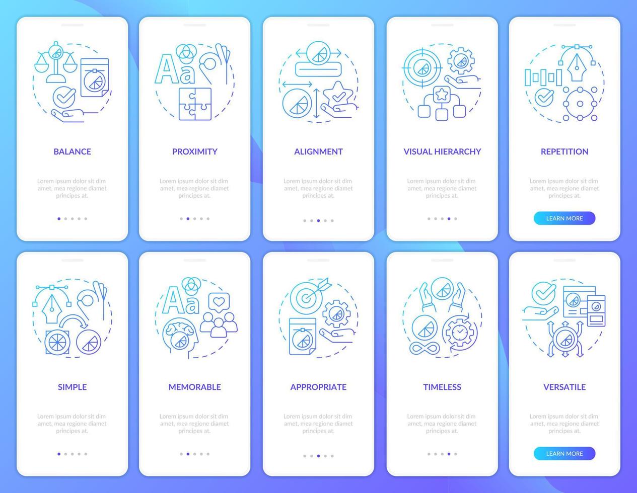 ontwerpprincipes blauwe gradiënt onboarding mobiele app-schermset. inhoudsoverzicht 5 stappen grafische instructiepagina's met lineaire concepten. ui, ux, gui-sjabloon. talloze pro-bold, reguliere lettertypen gebruikt vector