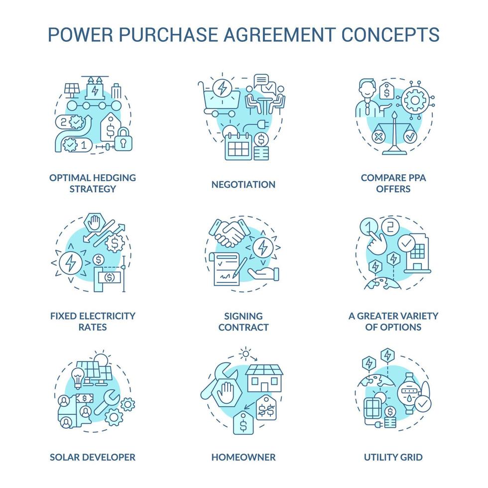 macht koopovereenkomst turquoise concept pictogrammen instellen. verkoop van elektrische energie. zakelijke relatie idee dunne lijn kleur illustraties. geïsoleerde symbolen. roboto-medium, talloze pro-bold lettertypen gebruikt vector