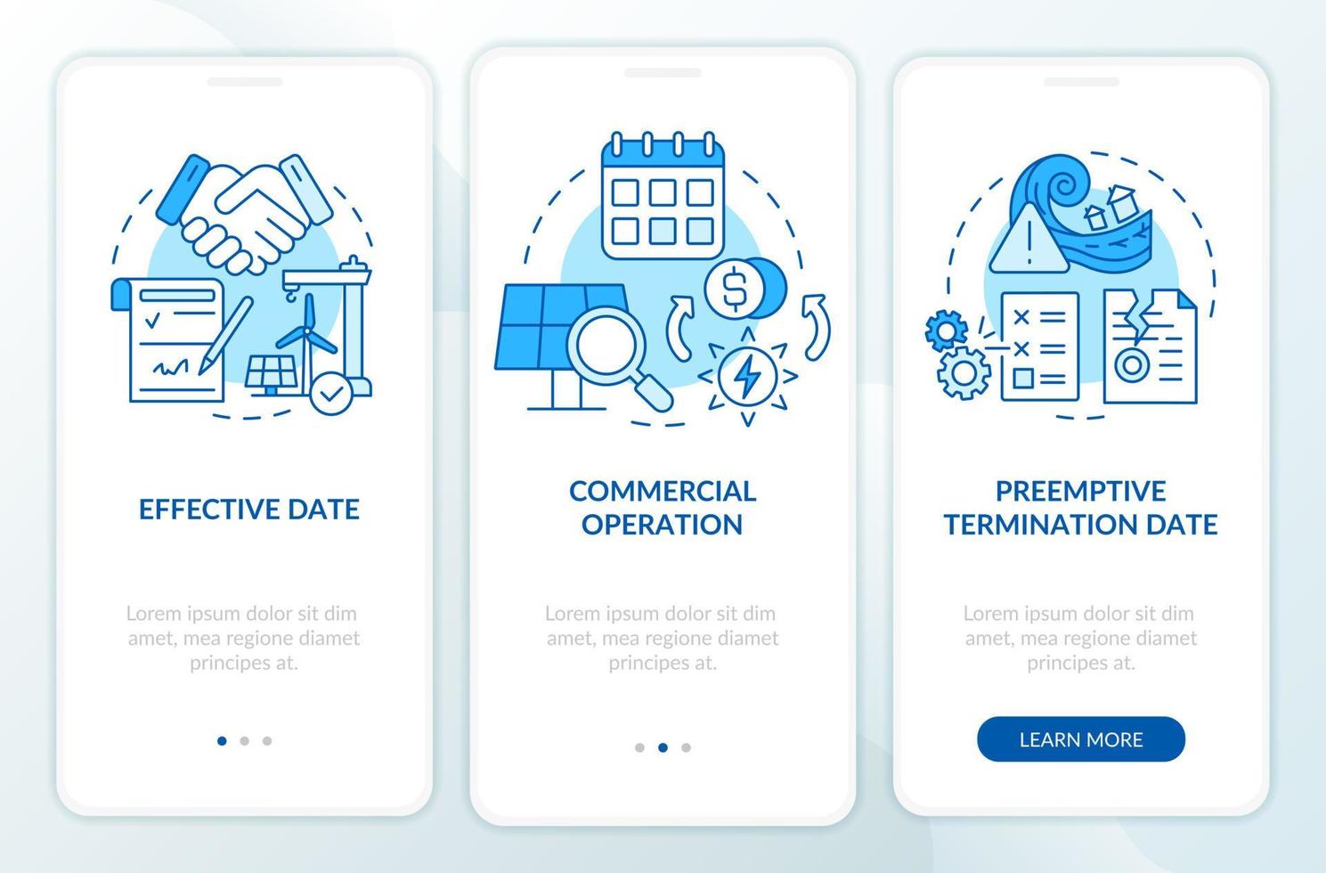 contracttijdlijn van ppa blue onboarding mobiele app-scherm. elektriciteitsoverzicht 3 stappen grafische instructiepagina's met lineaire concepten. ui, ux, gui-sjabloon. talloze pro-bold, reguliere lettertypen gebruikt vector