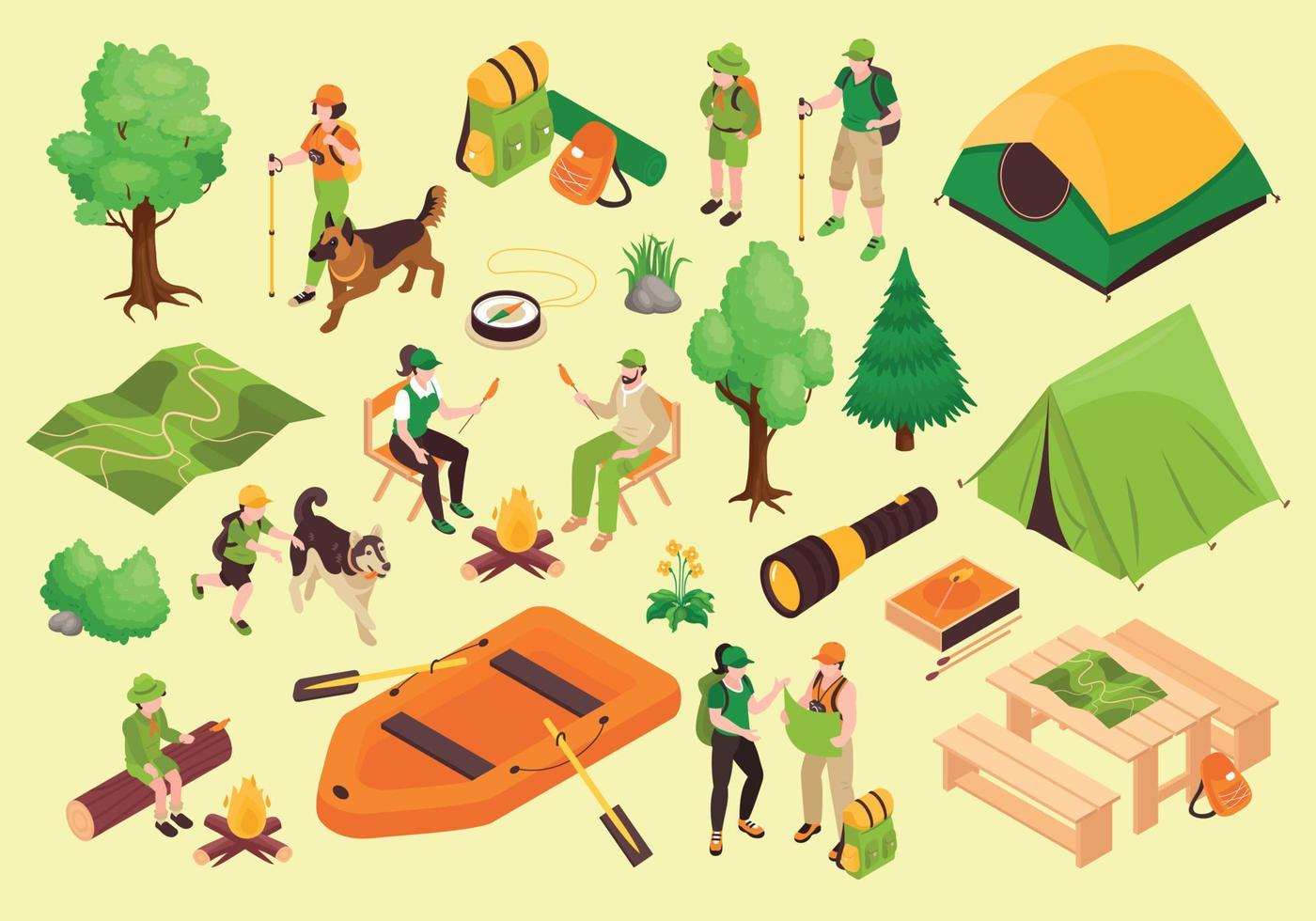 isometrische camping iconen collectie vector