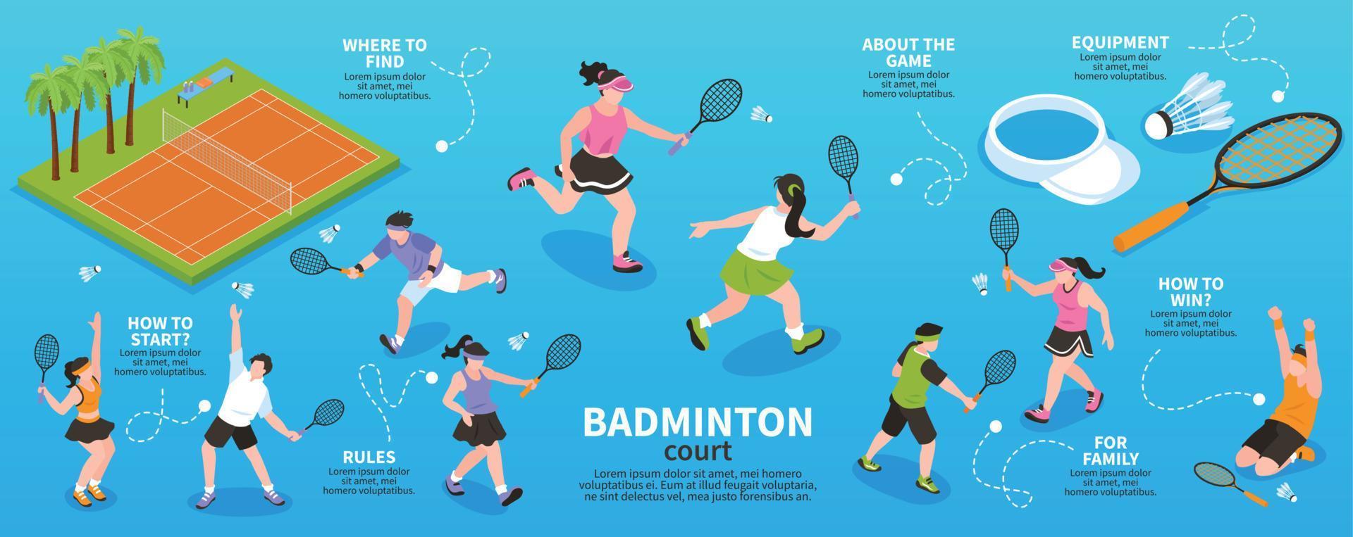 badmintonveld isometrische infographics vector
