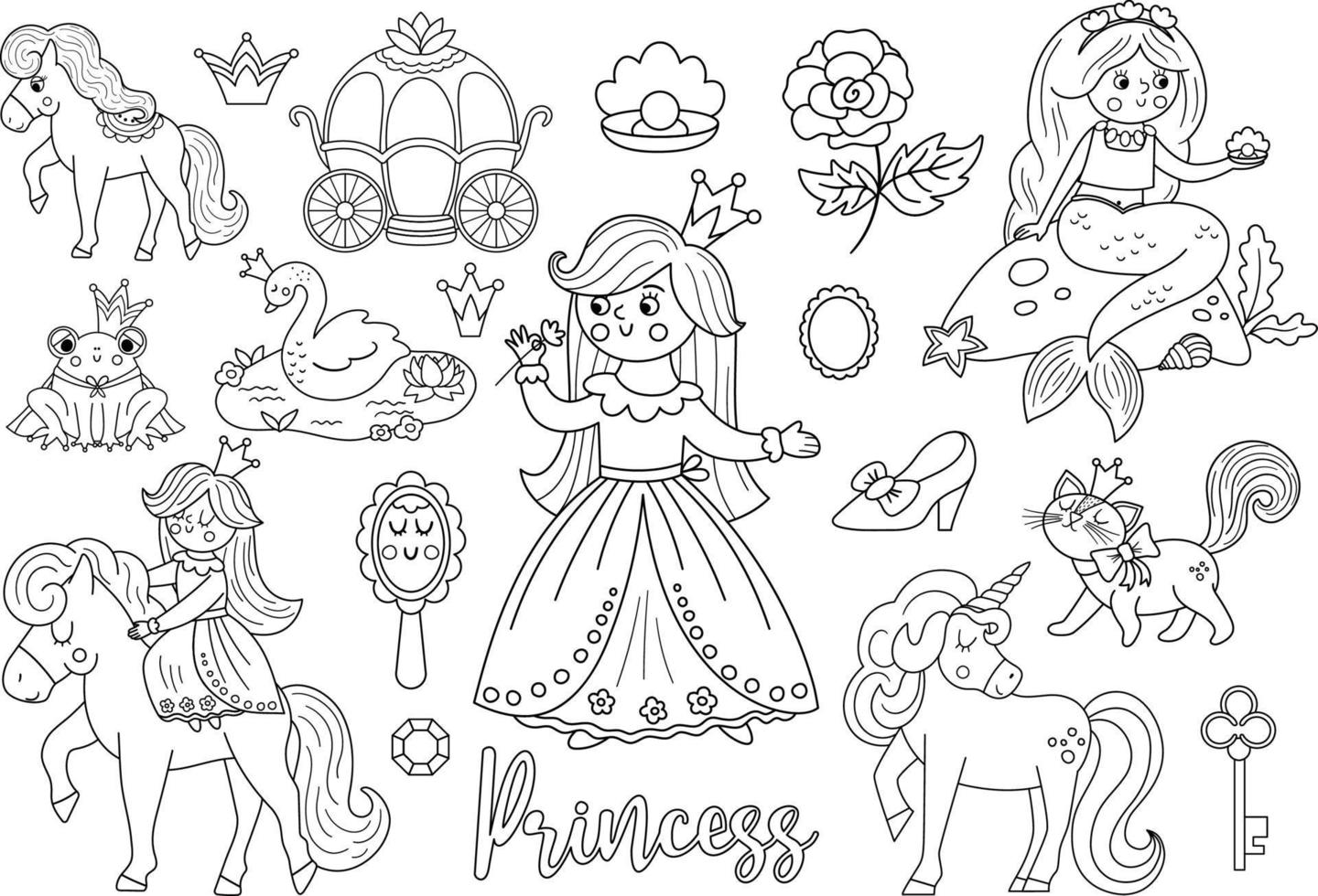 sprookje zwart-wit prinses collectie. grote lijn vector set fantasie meisje, koets, zeemeermin, eenhoorn kikkerprins, zwaan. middeleeuws sprookjesmeisje pakket of kleurplaat