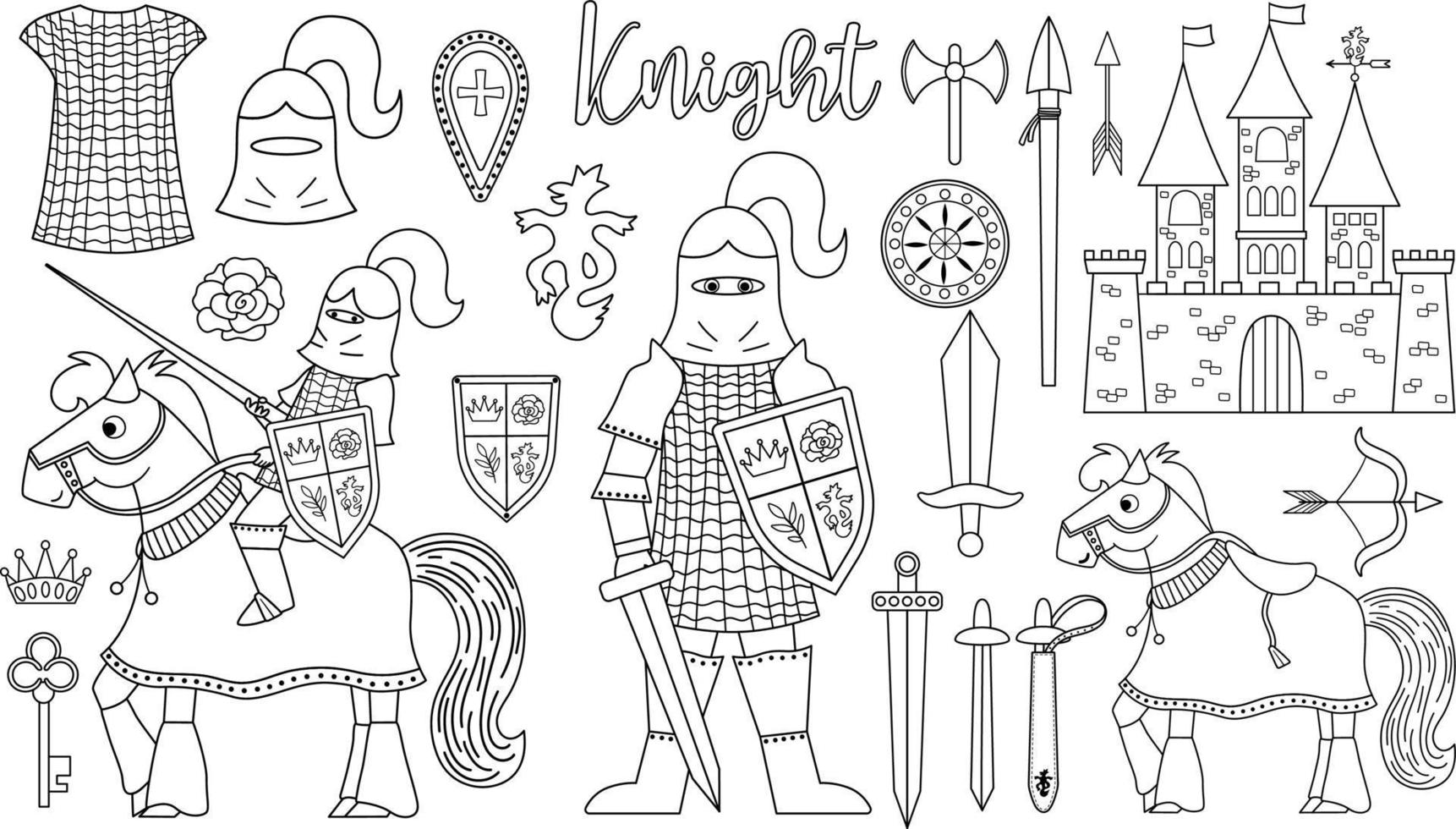sprookje zwart-wit ridder armor collectie. grote vector lijn set met fantasie gepantserde krijger en kasteel. sprookjesachtige soldatenpak of kleurplaat met zwaard, schild, paard, kroon, maliënkolder