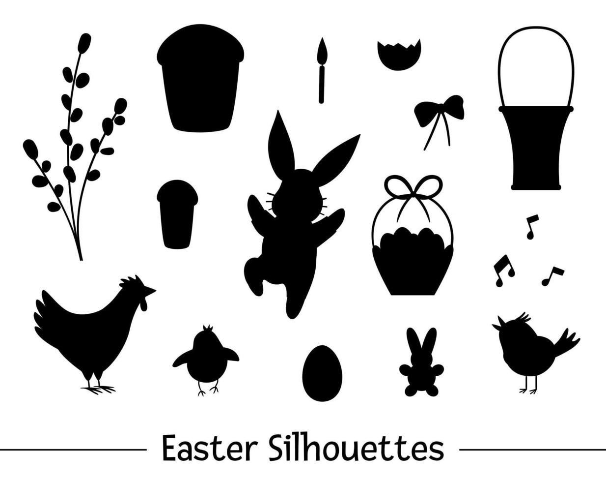 vector set met Pasen silhouetten. verzameling zwarte contouren van schattig konijntje, ei, tjilpende vogel, kuiken, mand, cake, wilg. lente grappige illustratie.