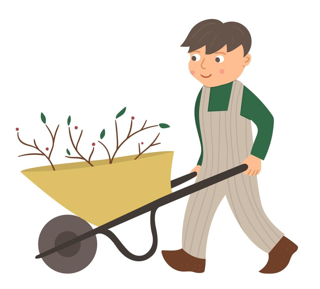 vectorillustratie van een jongen trekken kruiwagen geïsoleerd op een witte achtergrond. schattige jongen doet tuinwerk. lente tuinieren activiteit foto met grappig karakter. vector