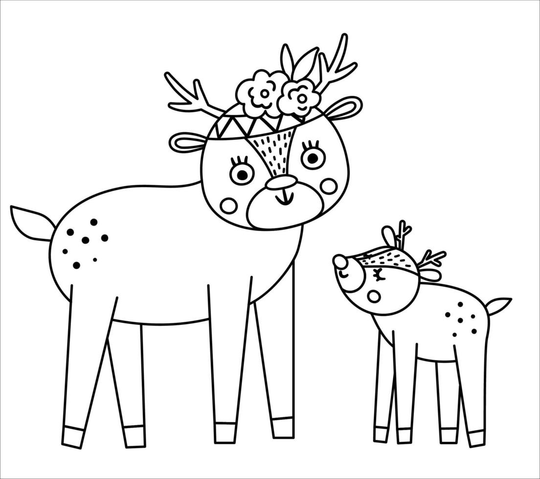 vector zwart-wit baby hert met ouder. grappige bosdierenscène in Boheemse stijl die familieliefde toont. schattige boho-illustratie voor kaart, print, briefpapierontwerp. bos lijn icoon