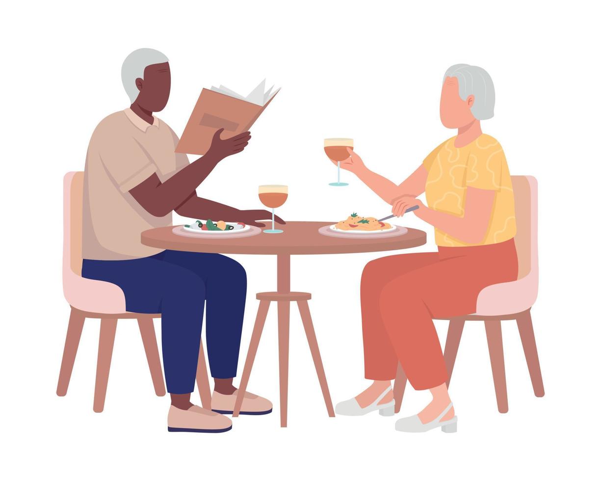 bejaard echtpaar dat samen aan het dineren is, semi-egale kleur vectorkarakters vector